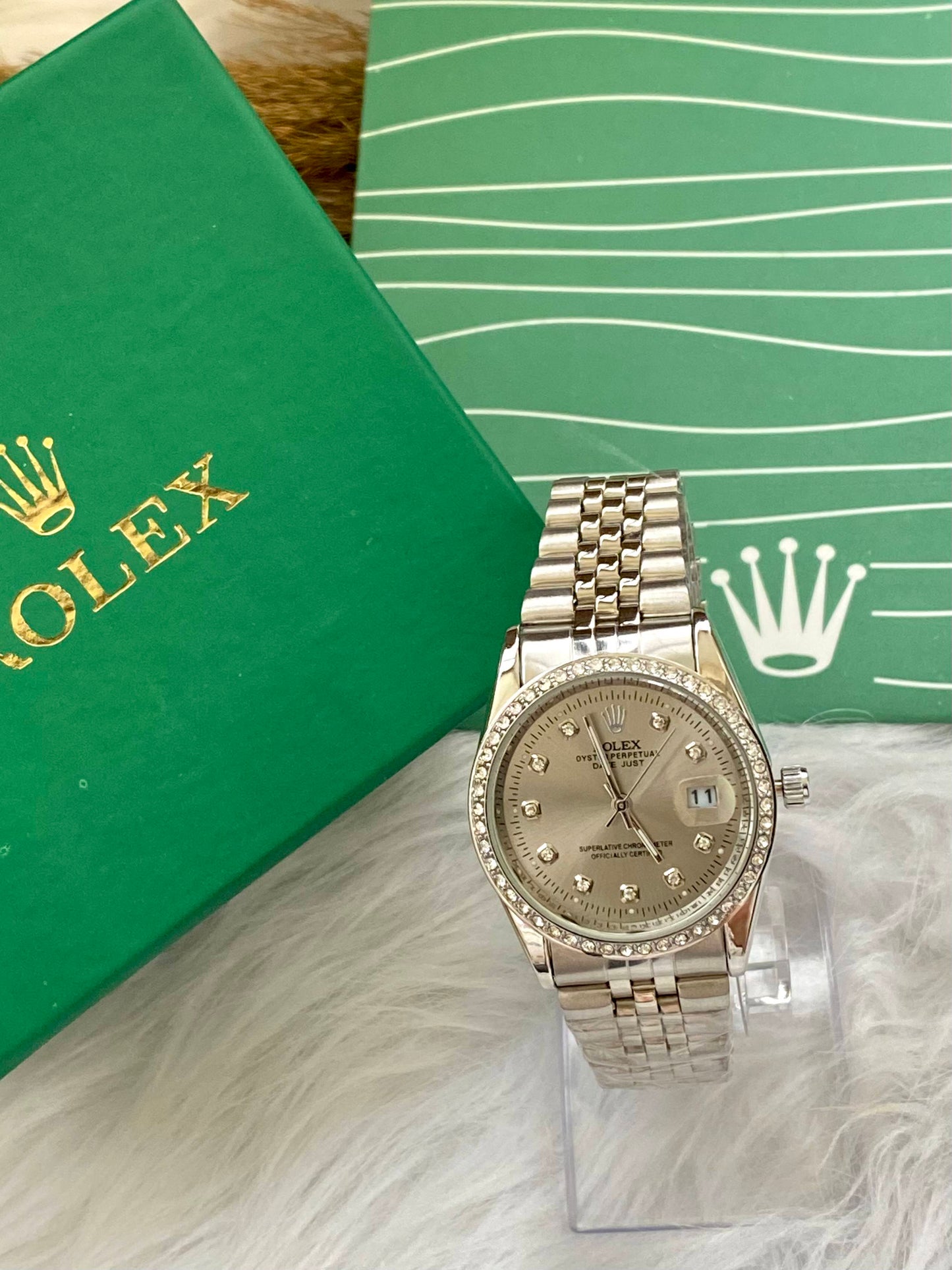 Rolex Silver with Diamond Frame Watch
